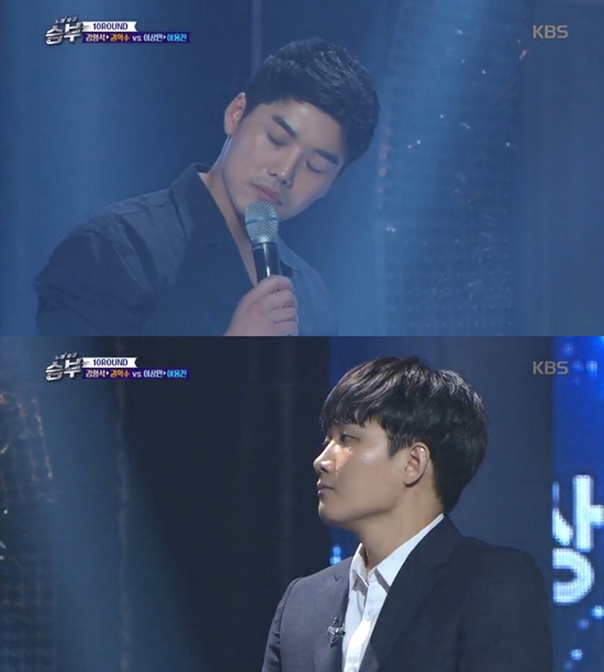 김경호 곡으로 노래 대결하는 배우 권혁수-개그맨 이용진. 배우 권혁수(위)와 개그맨 이용진이 16일 방송된 KBS2 파일럿 예능 프로그램 노래싸움-승부에서 노래 대결을 했다. /KBS2 노래싸움-승부 방송 캡처