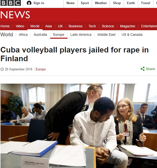세페다 징역! OK저축은행의 지명을 받았던 쿠바 배구 대표팀 세페다를 포함해 5명의 선수가 집단 성폭행 혐의가 인정돼 징역형을 받았다고 20일 영국 BBC가 보도했다. / BBC 홈페이지 캡처