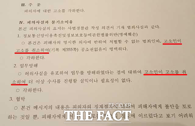 검찰은 정 씨의 명예훼손과 업무방해에 대해 고소인이 고소를 취소했다는 것을 근거로 각하한다고 밝혔다. 협박건도 무혐의로 각하처분됐다. /권오철 기자