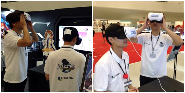 서울국제애니메이션페스티벌2016 참가자들이 ‘M.O.E’ 부스에서 가상현실을 체험하고 있다. /넥슨 제공