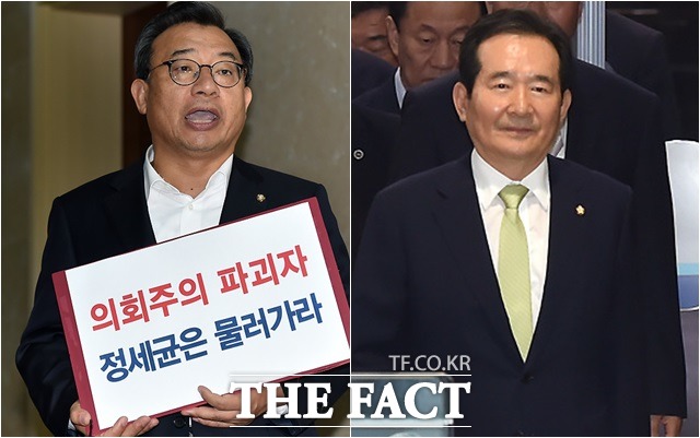 이정현(왼쪽) 새누리당 대표가 정세균 국회의장의 사퇴를 촉구하며 지난달 26일부터 무기한 단식농성에 들어간 가운데 정 의장 역시 사퇴 불가의 뜻을 고수하고 있다./이새롬 기자