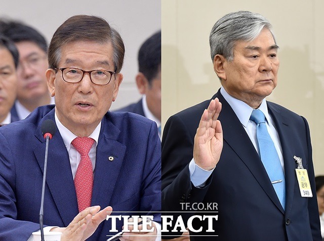 4일 열린 정무위원회 국정감사에서 한진해운 사태를 두고 이동걸 산업은행 회장(왼쪽)과 조양호 한진그룹 회장이 책임 공방을 벌였다. /국회=문병희·임영무 기자