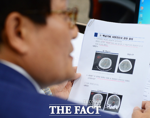 사진은 지난 11일 신동근 더민주 의원이 고 백남기 씨의 주치의인 서울대학교 백선하 교수에게 질문을 하는 모습./배정한 기자