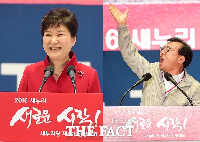 이정현, 최순실 연설문 파동 방어 총력? 이정현 새누리당 대표(오른쪽)가 박근혜 대통령 연설문을 미리 받아 봤다는 최순실 연설문 파동에 대해 방어에 나서 이목을 끌고 있다. /더팩트DB