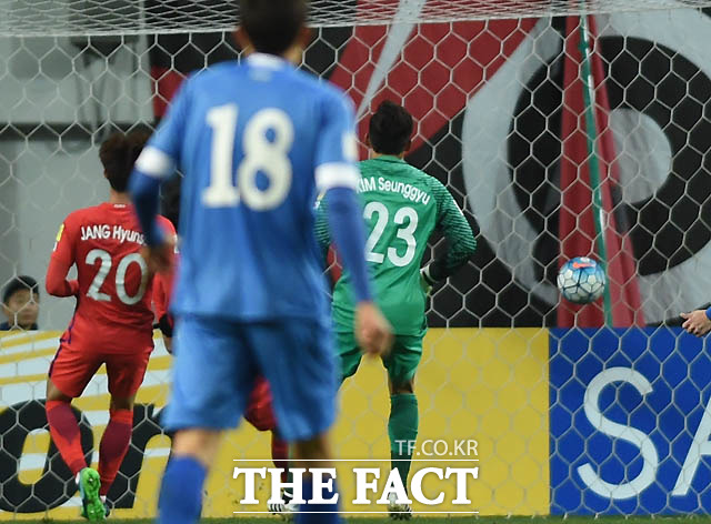 한국이 전반 우즈벡 비크마에프에게 골을 허용하고 있다.