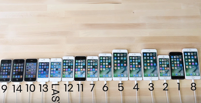 아이폰 첫 모델부터 아이폰7 시리즈까지 모두 모아 부팅 속도를 비교한 영상이 동영상 전문 사이트 유튜브에 올라왔다. /유튜브 영상 갈무리