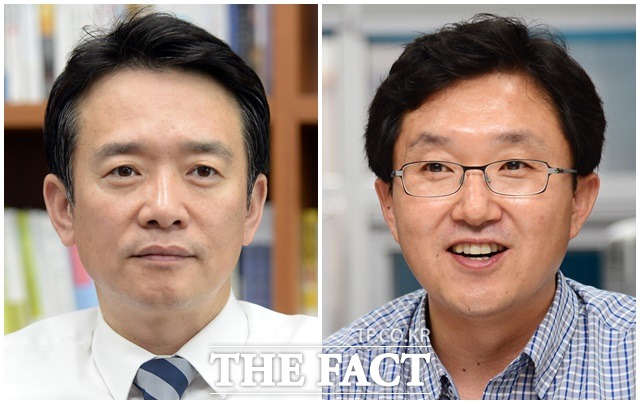 남경필 김용태 탈당. 남경필(왼쪽) 경기지사와 김용태 새누리당 의원이 22일 오전 국회 정론관에서 기자회견을 갖고 공식 탈당할 예정이다./더팩트DB