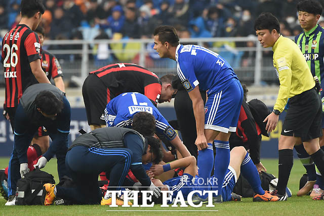 서울 데얀과 수원 구자룡이 공중볼 다툼 후 그라운드에 쓰러져 있다.