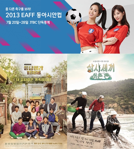 2013 EAFF 동아시안컵-응답하라 1988 삼시세끼-어촌편 시즌1 포스터. JTBC스포츠축구 2013 EAFF 동아시안컵, tvN 응답하라 1988 삼시세끼-어촌편 시즌1이 각각 종편 시청률 1위, 케이블 채널 시청률 1, 2위를 차지했다. /JTBC, tvN 제공