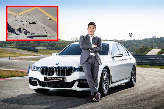 BMW코리아가 지난 10월 27일 입국한 강정호에게 BMW의 플래그십 세단 뉴 740d M 스포츠 패키지를 제공했다. 하지만 강정호가 사고를 낸 차량은 검정색 750Li 모델이다. 왼쪽 작은 사진은 강정호의 음주운전으로 파손된 서울 삼성동 사거리 보도 블럭의 모습. /BMW코리아 제공, 더팩트 영상 캡처
