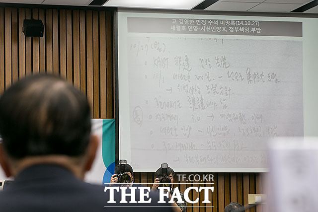 김경진 국민의당 의원이 7일 오전 서울 여의도 국회에서 열린 박근혜 정부의 최순실 등 민간인에 의한 국정농단 의혹사건 진실규명을 위한 국정조사특위 제2차 청문회에 참석해 故 김영한 민정수석 비망록에 담긴 세월호 인양-시신이양X 정부책임, 부담이란 쪽지 내용을 보이며 김기춘 전 대통령비서실장에게 관련사항에 대한 지시 여부를 묻고 있다. /국회=사진공동취재단