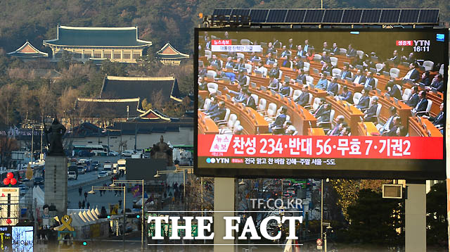 9일 국회 본회의에서 박근혜 대통령 탄핵소추안이 찬성 234표로 가결됐다. /이새롬 기자