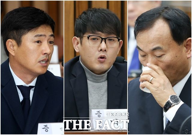 박헌영(가운데) 전 K스포츠재단 과장이 새누리당의 한 의원과 사전에 입을 맞추고 4차 청문회에서 위증을 할 것이라던 고영태(왼쪽) 씨의 사전예고가 청문회에서 그대로 이루어져 파문이 일고 있다. 박영선 의원이 4차 청문회에서 정동춘 전 K스포츠재단 이사장이 작성한 것으로 알려진 청문회 대응 방안 문서에는 고 씨가 예고했던 내용과 유사한 내용이 담겼다. /이새롬·배정한 기자