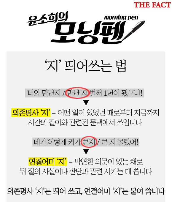 윤소희의 모닝펜. 의존명사 지와 연결어미 지의 띄어쓰기는? /윤소희 기자
