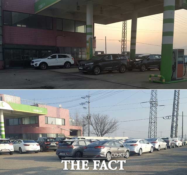 비포장 공터에 기아차 신차들이 깔렸던 시각 2km 떨어진 폐주유소 부지에 또 다른 기아차 신차들이 현대글로비스 관계자에 의해 주차되고 있다. 이곳 역시 보안 시설이 전혀 돼 있지 않았다.