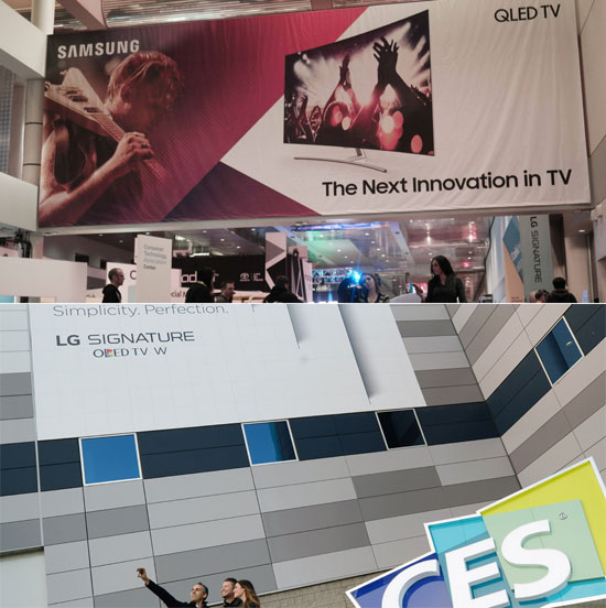 삼성전자와 LG전자가 미국 라스베이거스에서 열리는 ‘CES 2017’에서 자존심을 건 신제품 경쟁을 벌인다. 사진은 삼성전자 전시관 옥외광고(위)와 LG전자 ‘시그니처 올레드 TV W’ 옥외광고가 설치된 모습. /삼성·LG전자 제공