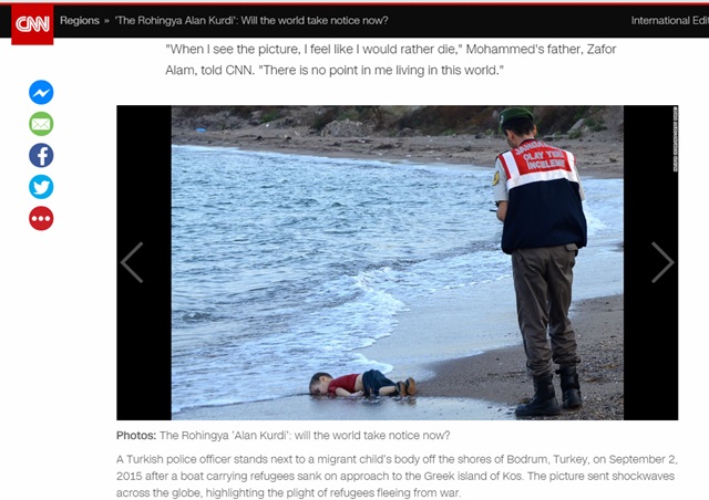 지난해 9월 터기 해안에서 발견된 세 살배기 시리아 난민 아이의 죽음이 시리아 내전의 참혹함을 알리는 기폭제로 작용했다. /CNN 보도화면 캡처