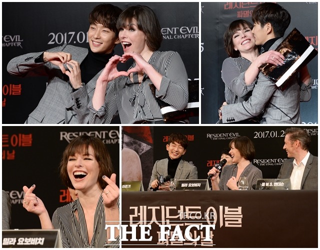 영화 레지던트 이블: 파멸의 날 홍보를 위해 내한한 할리우드 배우 밀라 요보비치와 이준기, 폴 앤더슨 감독이 13일 오전 서울 종로구 포시즌스호텔에서 열린 기자간담회에 참석했다. 이날 밀라 요보비치는 첫 내한의 감동을 온 몸으로 표현했다. /남용희 기자