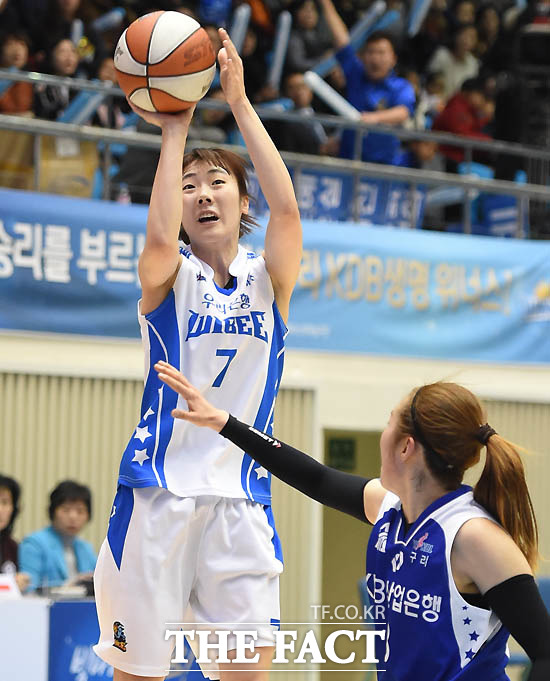 우리은행 박혜진이 3점슛을 성공시키고 있다.