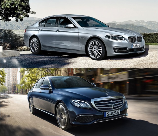 지난해 수입차 베스트셀링카 1, 2위를 나눠가진 BMW 5시리즈와 벤츠 E클래스가 정유년에도 치열한 경쟁을 할 것으로 보인다. / BMW 코리아, 벤츠 코리아 홈페이지 캡처