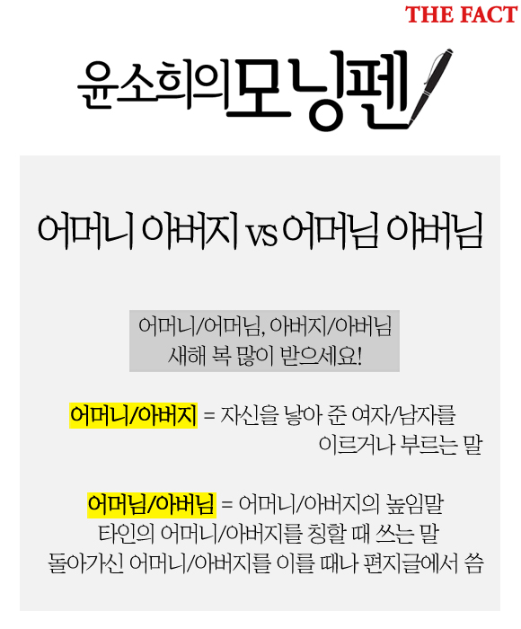 어머니·아버지 vs 어머님·아버님. 살아계신 부모님께 설 인사를 건넬 때는 어머니, 아버지 새해 복 많이 받으세요라고 말하는 것이 옳습니다.