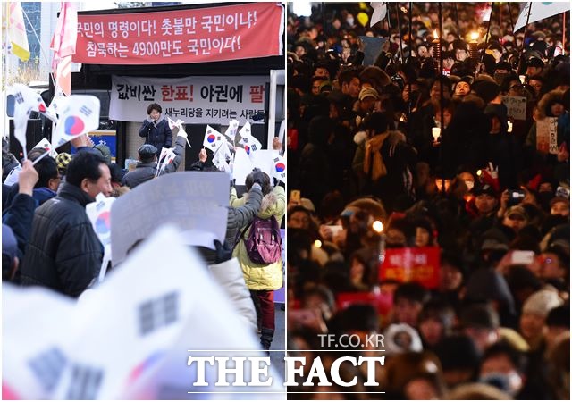 박 대통령은 정규재 TV와 인터뷰에서 태극기(왼쪽) 집회 참석자가 촛불집회 인원보다 두 배가 넘는다고 들었다고 밝혔다. 사진은 보수단체 집회에 촛불집회. /더팩트DB