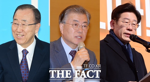 반기문과 문재인, 이재명. 반기문 전 유엔사무총장(왼쪽)이 대선 불출마를 선언하며 차기 대선후보 지지율에 관심이 쏠리고 있다. /더팩트 DB