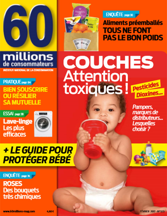 프랑스 매체인 6000만 소비자들은 프랑스에서 유통 중인 12개 기저귀를 조사한 결과 10개의 아기 기저귀에 유해 화학 물질이 포함돼 있는 것으로 나타났다고 보도했다. 이 매체는 팸퍼스의 베이비드라이 제품을 최악의 범죄자로 지목했다. /6000만 소비자들 표지 캡처