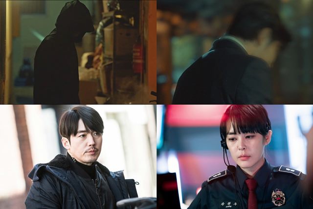 OCN 주말드라마 보이스에서 장혁(왼쪽 아래) 이하나가 의문의 범인과 마주한다. /CJ E&M 제공