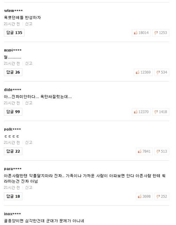 일부 누리꾼들은 유아인이 골종양을 앓고 있다고 하자 그간 군입대와 관련해 악플을 달았던 것에 대해 사과를 하기도 했다. /네이버 캡처