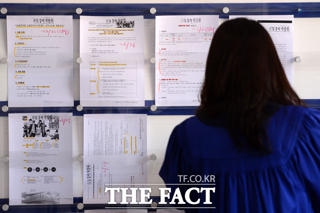 24일 오전 서울 소재의 한 대학교에서 학위수여식이 열린 가운데 졸업생이 취업 정보 게시판을 바라보고 있다.