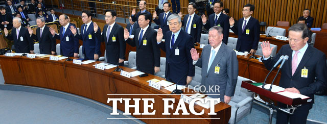 지난해 12월6일  일단의 재벌총수들이 국회에서 열린 박근혜·최순실 게이트청문회에 증인으로 참석, 선서를 하고 있다. /배정한 기자