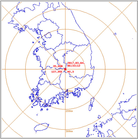 4일 기상청에 따르면 이날 오전 6시 33분쯤 경북 김천에서 규모 2.3의 지진이 발생했다. /기상청 제공