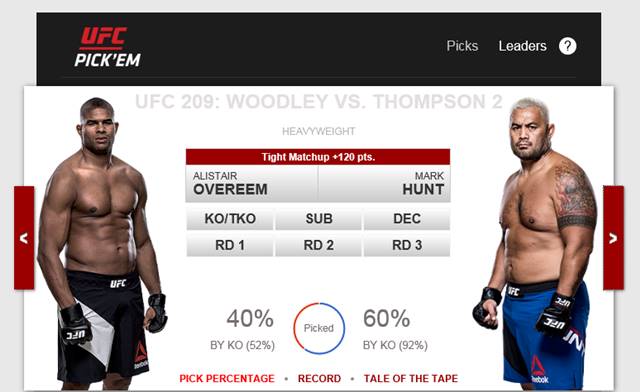 오브레임 vs 마크 헌트, UFC 209 맞대결. UFC 헤비급 강자 오브레임(왼쪽)과 마크 헌트가 UFC 209에서 격돌하는 가운데, UFC 팬들은 마크 헌트 쪽에 더 많이 손을 올리고 있다. /UFC 홈페이지 캡처