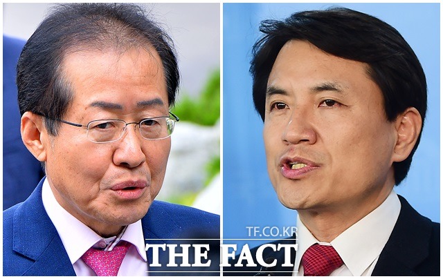 홍준표(왼쪽) 경남도지사와 자유한국당 대선주자 김진태 의원이 16일 설전을 주고받았다. /더팩트 DB