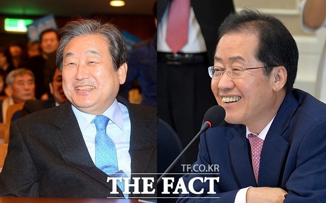 김무성 의원(왼쪽)과 홍준표 자유한국당 경선 후보는 지난 14일 만나 보수 후보 단일화 및 당 대 당 통합 문제에 대해 논의했다. 한 사실이 알려지면서 바른정당 내에서 잡음이 발생하고 있다. /배정한 기자