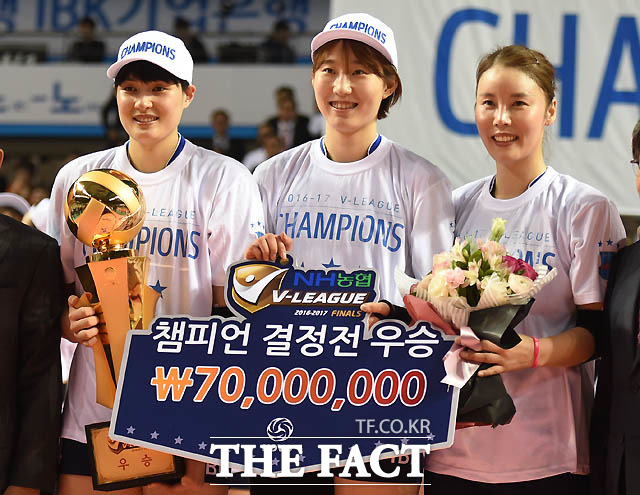 IBK 김희진, 박정아, 김사니가 우승 트로피와 꽃다발을 받고 있다.