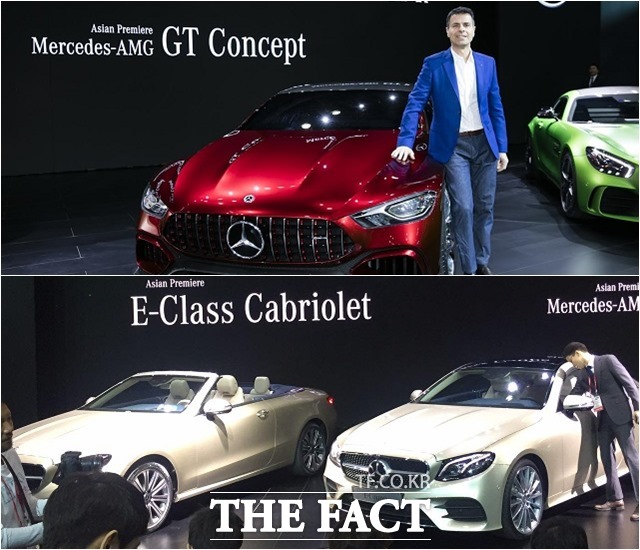 벤츠 코리아는 메르세데스-AMG 컨셉(위)를 포함해 더 뉴 E-클래스 카브리올레(아래 왼쪽), 뉴 E-클래스 쿠페 등을 아시아 최초로 공개했다. /메르세데스-벤츠 제공, 이성로 기자