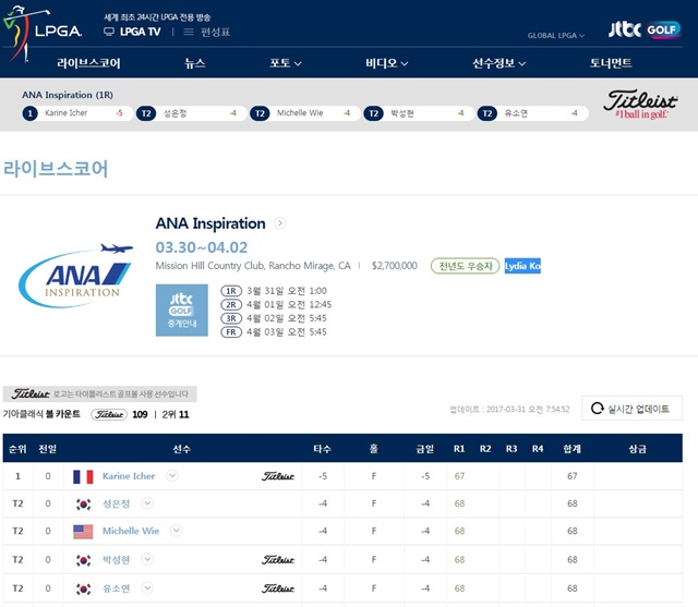 태극낭자 선두권 진입! 산뜻한 출발. 31일 열린 첫 메이저 대회 ANA 인스퍼레이션에서 유소연, 박성현, 성은정이 선두권으로 시작했다./LPGA 홈페이지 캡처