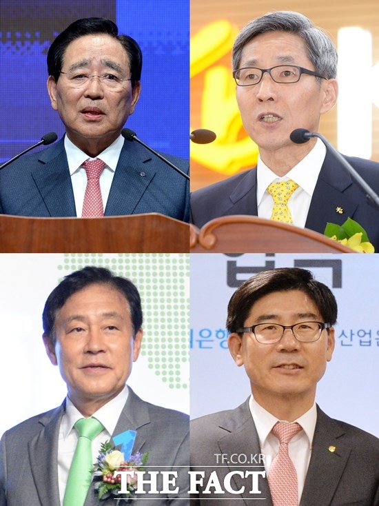 31일 4대 금융 CEO의 연봉이 공개됐다. 사진은 한동우 전 신한금융지주 회장, 윤종규 KB금융지주 회장 겸 은행장, 이광구 우리은행장, 김정태 하나금융지주 회장(왼쪽 상단부터 시계방향) /더팩트 DB