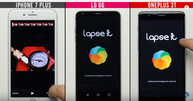 애플 아이폰7플러스와 LG전자 G6, 원플러스 원플러스3T를 놓고 애플리케이션 실행 속도를 비교한 영상이 공개돼 눈길을 끌고 있다. /유튜브 영상 갈무리