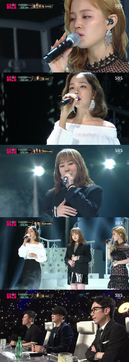 SBS K팝스타6에서 박지민(가운데) 이하이(위) 백아연이 콜라보 무대를 펼쳤다. /K팝스타6 방송 캡처