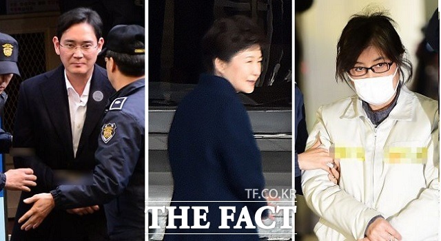 이재용 삼성전자 부회장과 박근혜 전 대통령, 최순실 씨(왼쪽부터) 모두는 특검이 제기한 뇌물죄 혐의 일체에 대해 완강히 거부하고 있다. /더팩트 DB