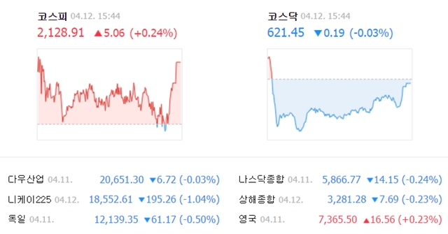 이날 코스피 지수는 전날보다 5.06포인트(0.24%) 오른 2128.91에 거래를 마쳤다. /네이버 캡처