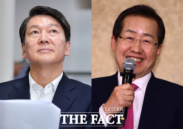안철수 국민의당 후보(왼쪽)와 홍준표 자유한국당 후보의 지지율 격차가 8.4%p로 좁혀지며 2위 싸움이 치열해졌다. /이덕인 남윤호 기자