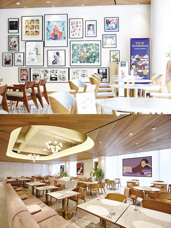 SM엔터테인먼트 커뮤니케이션 센터 1층은 카페와 레스토랑으로 채워져 있으며 벽면도 팬아트로 활용하고 있다. /SM엔터테인먼트 제공
