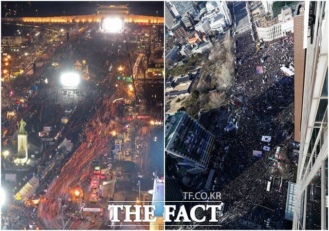 박근혜 전 대통령 탄핵을 둘러싸고 촛불집회(왼쪽)와 태극기집회 등이 개최되며 국민 분열을 겪고 있다. /더팩트 DB