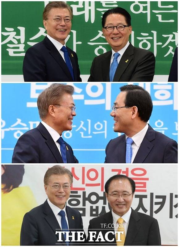 문재인 대통령이 10일 오전 서울 여의도 국회 본청 국민의당과 바른정당, 정의당, 자유한국당 대표실을 방문해 협력을 구하고 국민 대통합과 대탕평 인사를 강조했다. 사진은 문 대통령과 박지원 국민의당 대표, 주호영 바른정당 대표, 노회찬 정의당 대표(위부터). /배정한 기자