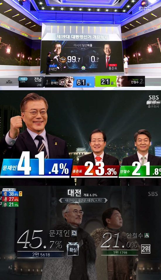 SBS와 MBC는 개표 방송에서 KBS와 JTBC에 밀렸다. /MBC, SBS 대선 개표 방송 캡처