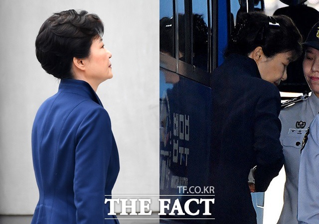 박근혜 전 대통령은 23일 오전 첫 재판에서 지난 3월 30일 영장실질심사 이후 53일 만에 처음 얼굴을 드러냈다. /사진공동취재단, 이효균 기자